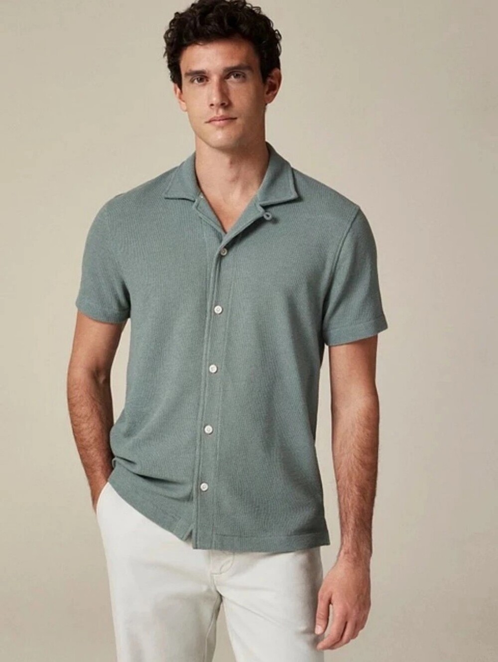 J Crew Men's Textured Camp Collar Knit Shirt In Sage Green Short Sleeve Sz M